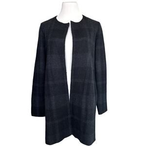 Eileen Fisher Plaid Merino Wool Open Front Long Jacket Cardigan Grey Black Small